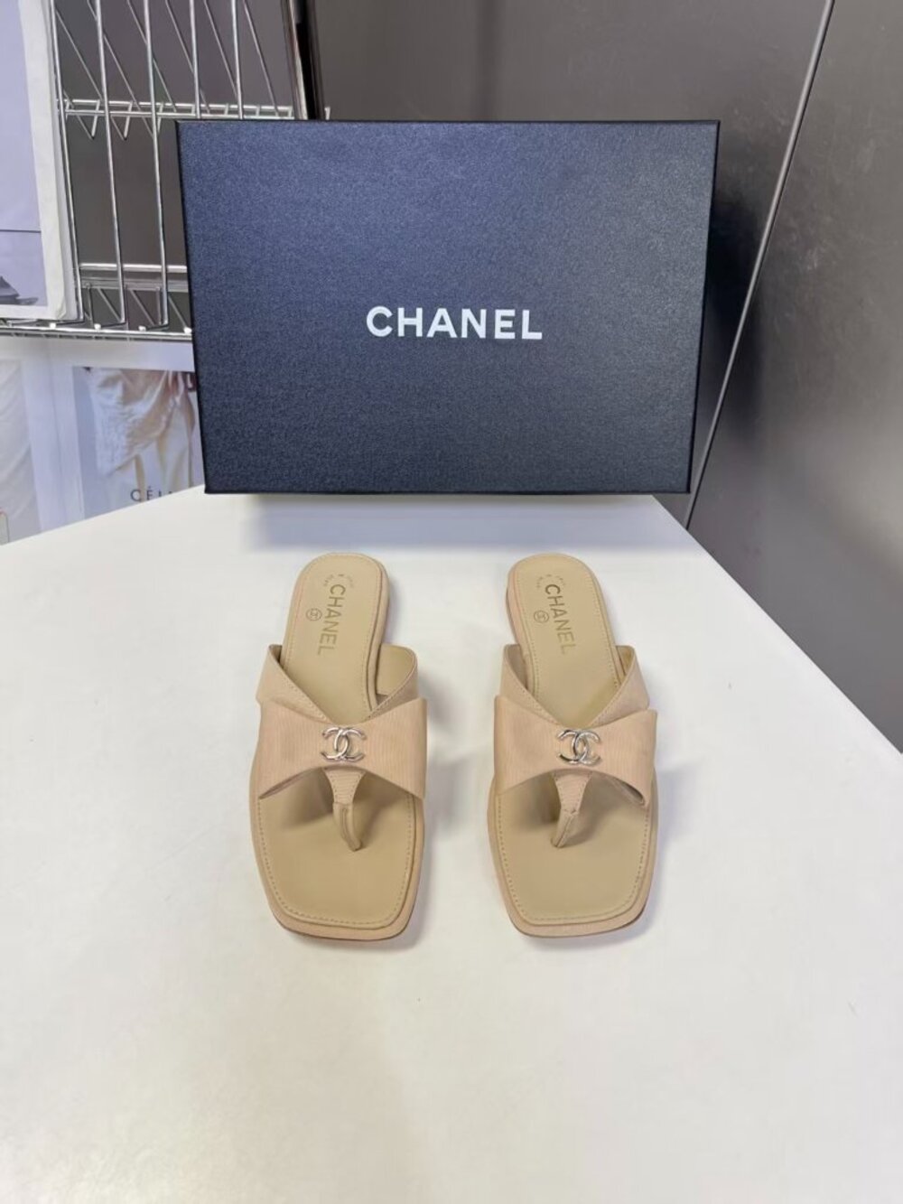 Chanel Beige Bow Thong Slide Sandals Silver CC Logo Square Toe Flip Flops
